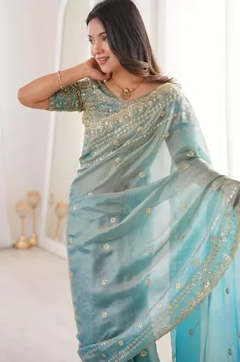 Aqua blue colour fendy satin sequins embroidered saree