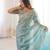 Aqua blue colour fendy satin sequins embroidered saree
