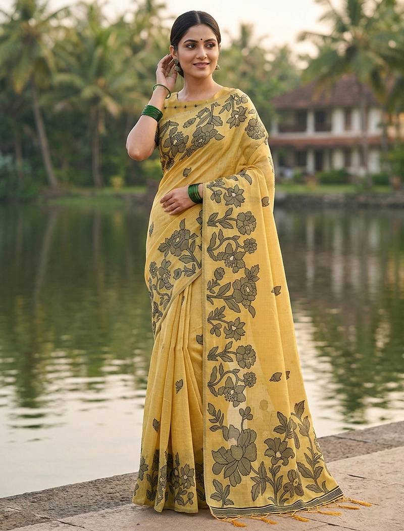 Yellow colour linen saree with floral jacquard weaving & tassel pallu