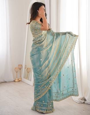 Aqua blue colour fendy satin sequins embroidered saree 3