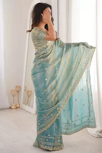 Aqua blue colour fendy satin sequins embroidered saree