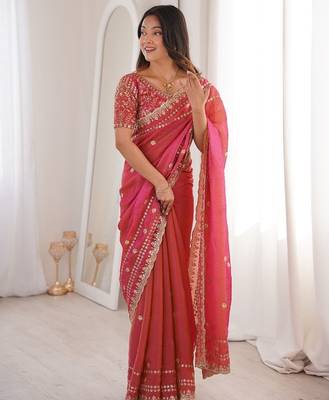 Rani pink colour fendy satin sequins embroidered saree 1