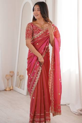 Rani pink colour fendy satin sequins embroidered saree