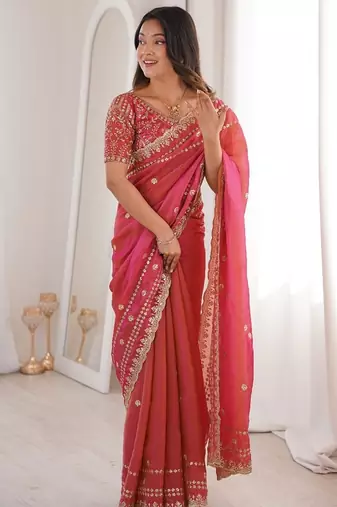 Rani pink colour fendy satin sequins embroidered saree