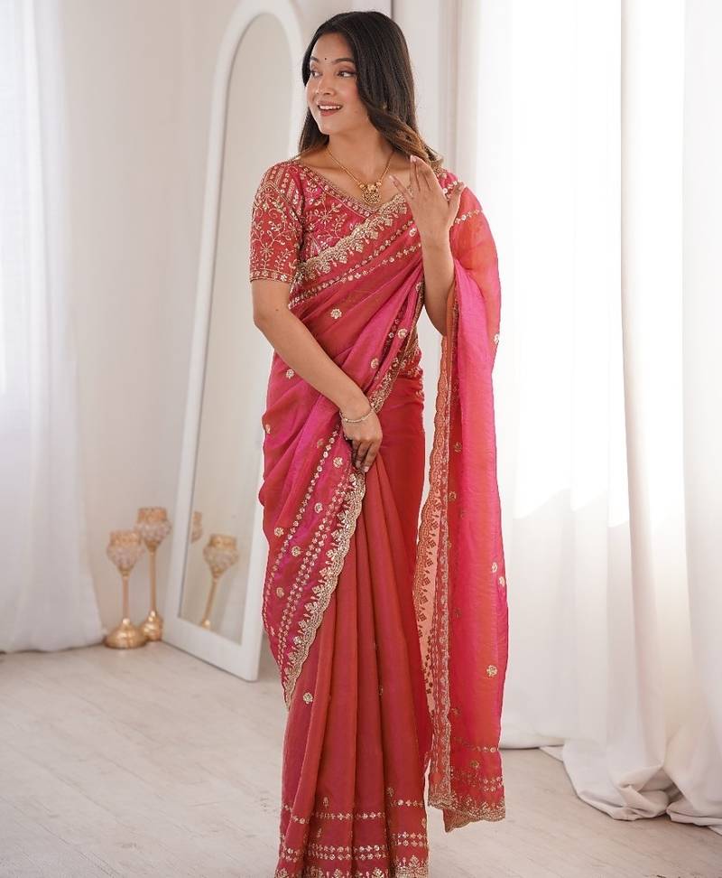Rani pink colour fendy satin sequins embroidered saree