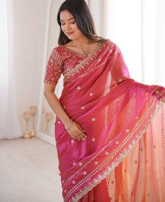 Rani pink colour fendy satin sequins embroidered saree 2