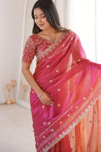 Rani pink colour fendy satin sequins embroidered saree