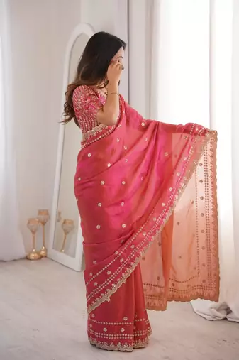 Rani pink colour fendy satin sequins embroidered saree