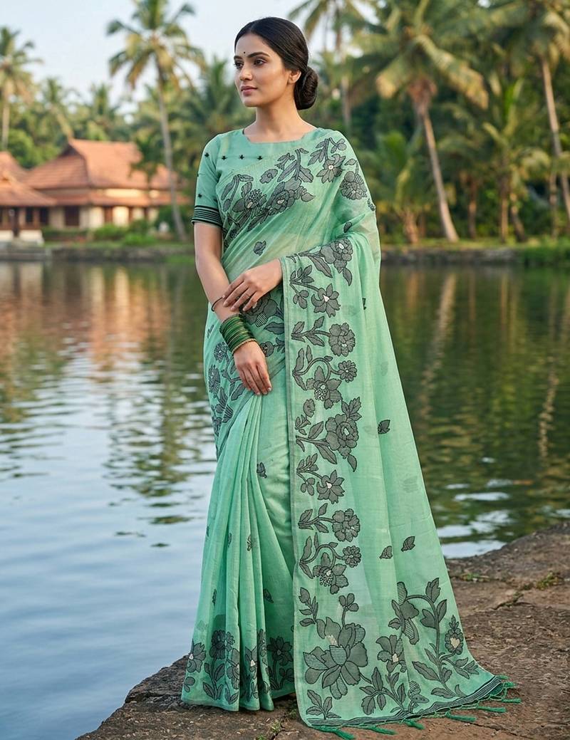Green colour linen saree with floral jacquard weaving & tassel pallu