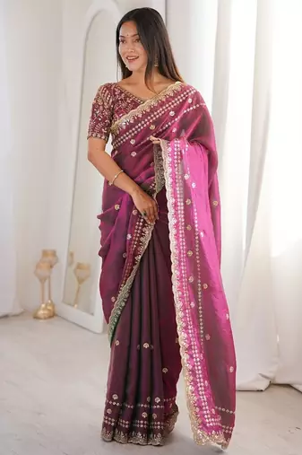 Wine colour fendy satin sequins embroidered saree