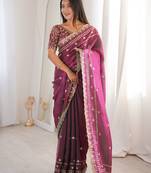 Wine colour fendy satin sequins embroidered saree
