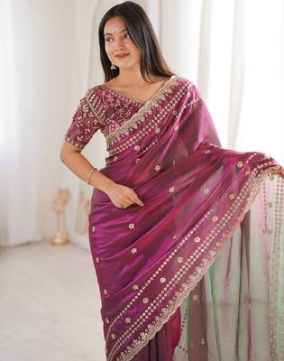 Wine colour fendy satin sequins embroidered saree 2