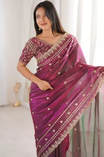 Wine colour fendy satin sequins embroidered saree