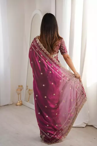 Wine colour fendy satin sequins embroidered saree