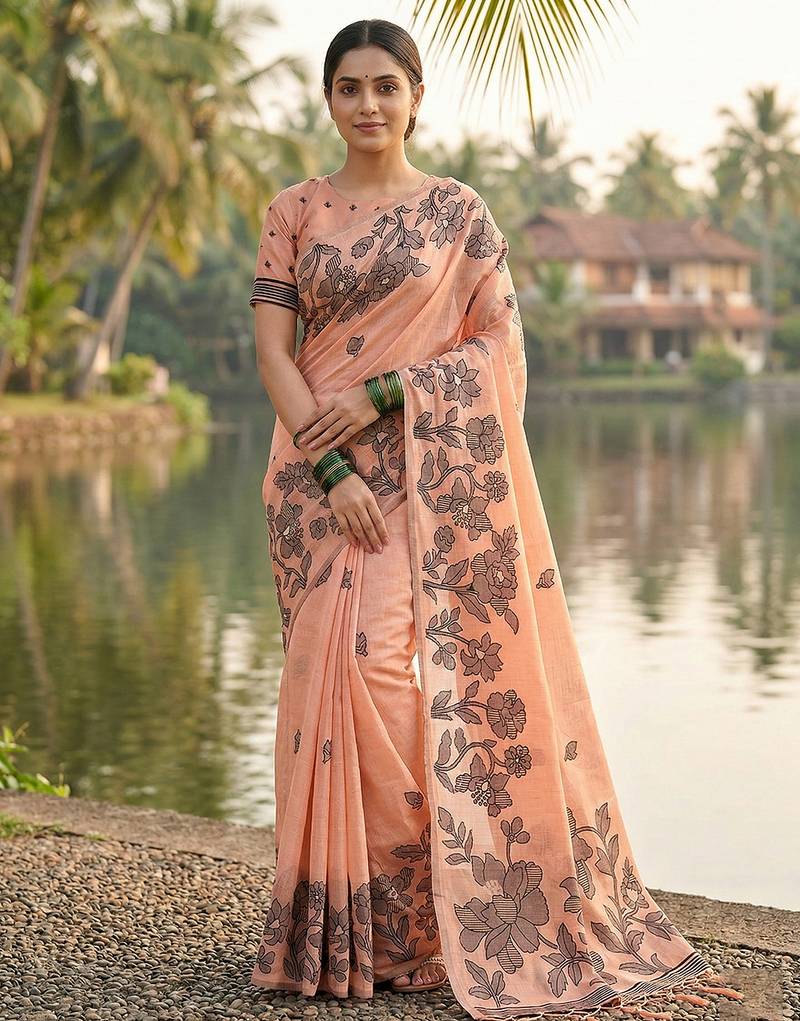 Orange coour linen saree with floral jacquard weaving & tassel pallu