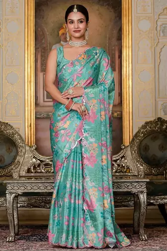 Green colour ready to wear floral chinon saree with mirror border