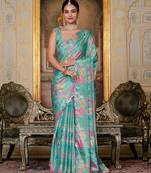 Green colour ready to wear floral chinon saree with mirror border