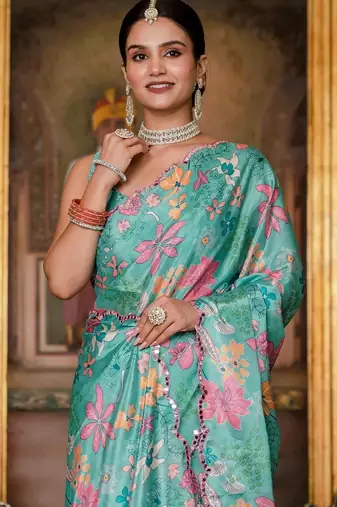 Green colour ready to wear floral chinon saree with mirror border