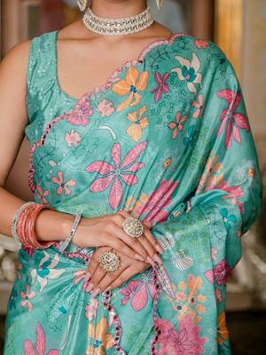 Green colour ready to wear floral chinon saree with mirror border 3