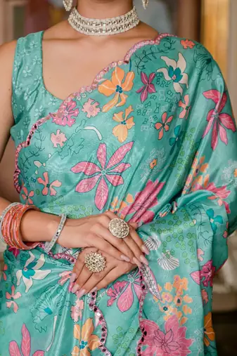 Green colour ready to wear floral chinon saree with mirror border