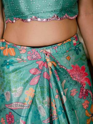 Green colour ready to wear floral chinon saree with mirror border 4