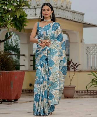 Blue colouer ready to wear floral chinon saree with mirror border 1