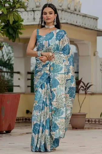 Blue colouer ready to wear floral chinon saree with mirror border