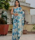 Blue colouer ready to wear floral chinon saree with mirror border