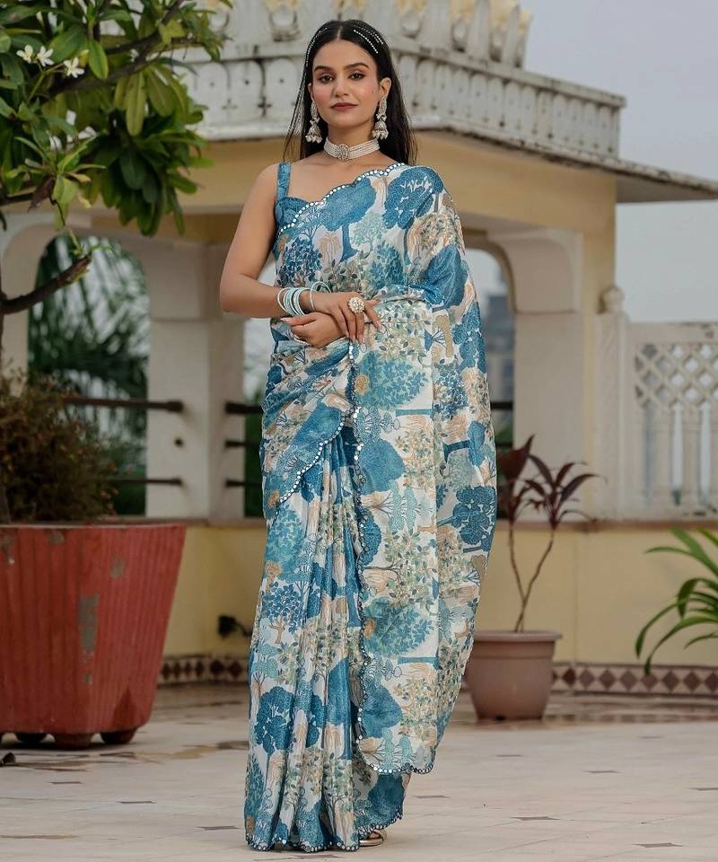 Blue colouer ready to wear floral chinon saree with mirror border