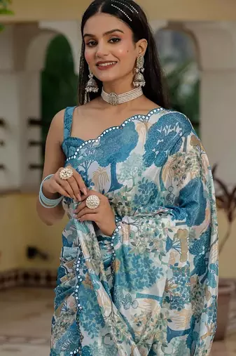 Blue colouer ready to wear floral chinon saree with mirror border