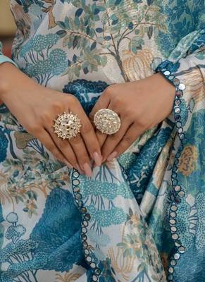 Blue colouer ready to wear floral chinon saree with mirror border 3