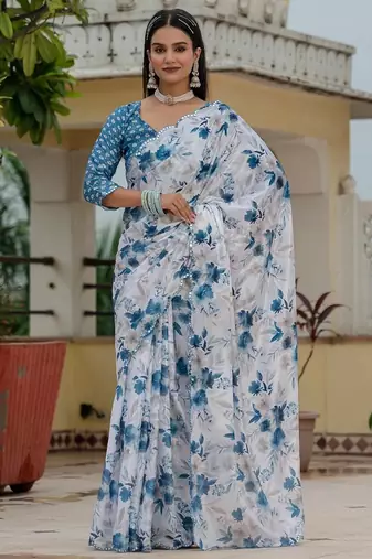 Sky blue colour ready to wear floral chinon saree with mirror border