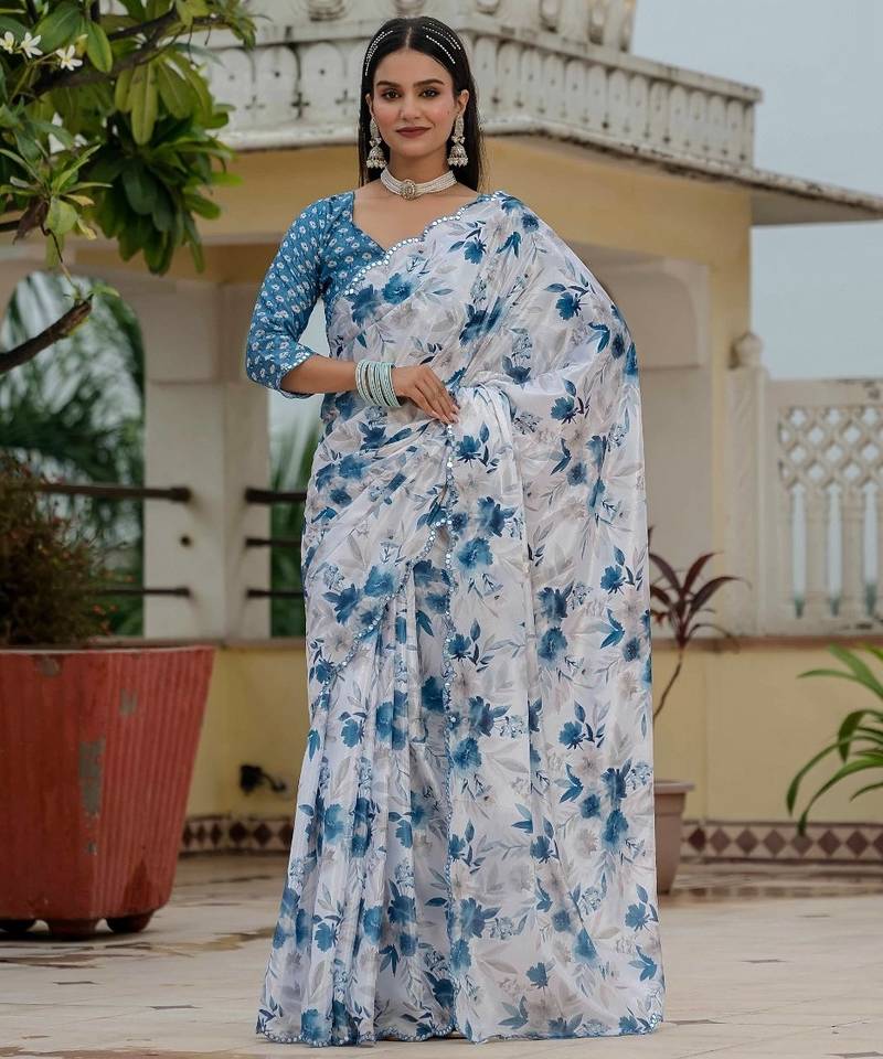 Sky blue colour ready to wear floral chinon saree with mirror border
