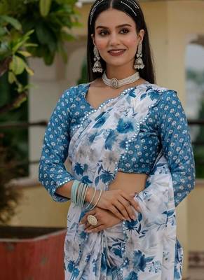 Sky blue colour ready to wear floral chinon saree with mirror border 2