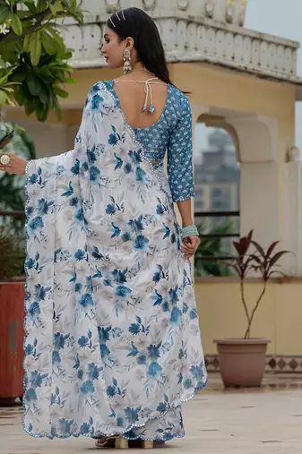 Sky blue colour ready to wear floral chinon saree with mirror border