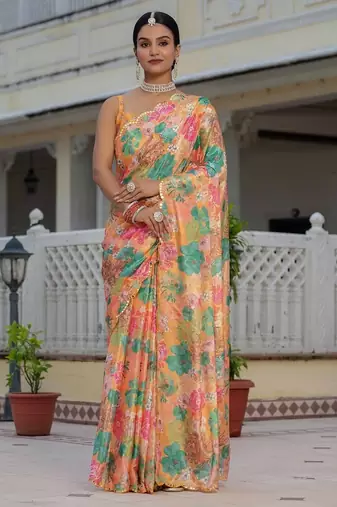Orange colour ready to wear floral chinon saree with mirror border