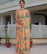Orange colour ready to wear floral chinon saree with mirror border