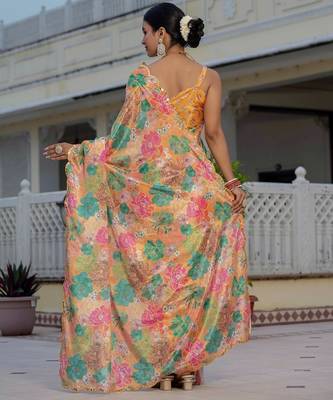Orange colour ready to wear floral chinon saree with mirror border 3