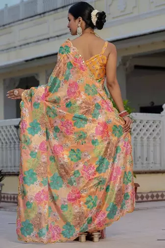 Orange colour ready to wear floral chinon saree with mirror border