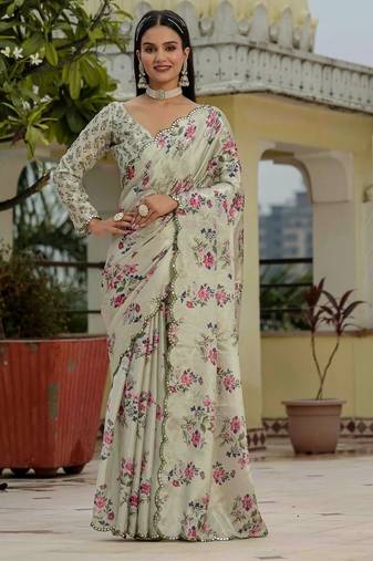 Ivory colour ready to wear floral chinon saree with mirror border