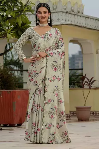 Ivory colour ready to wear floral chinon saree with mirror border