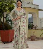 Ivory colour ready to wear floral chinon saree with mirror border