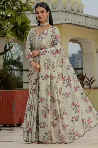 Ivory colour ready to wear floral chinon saree with mirror border