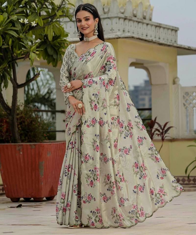 Ivory colour ready to wear floral chinon saree with mirror border