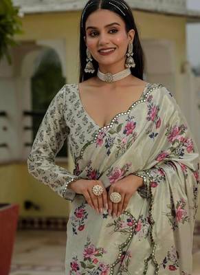 Ivory colour ready to wear floral chinon saree with mirror border 3