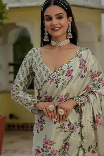 Ivory colour ready to wear floral chinon saree with mirror border