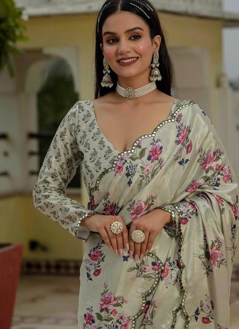 Ivory colour ready to wear floral chinon saree with mirror border