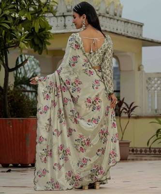 Ivory colour ready to wear floral chinon saree with mirror border 4