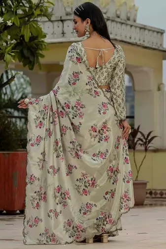 Ivory colour ready to wear floral chinon saree with mirror border