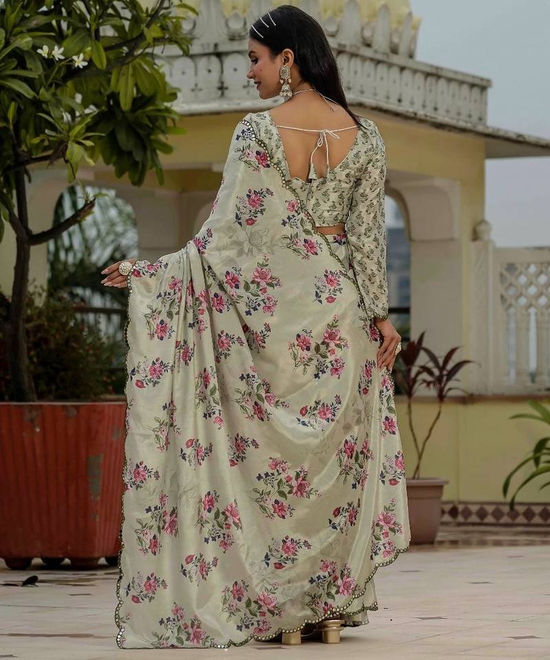 Ivory colour ready to wear floral chinon saree with mirror border